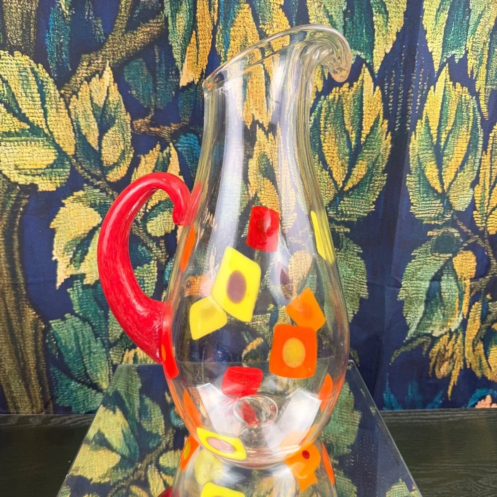 Hand Blown Glass Pitcher MCM Murrine Style Red Yellow Orange Geometric 12.5in